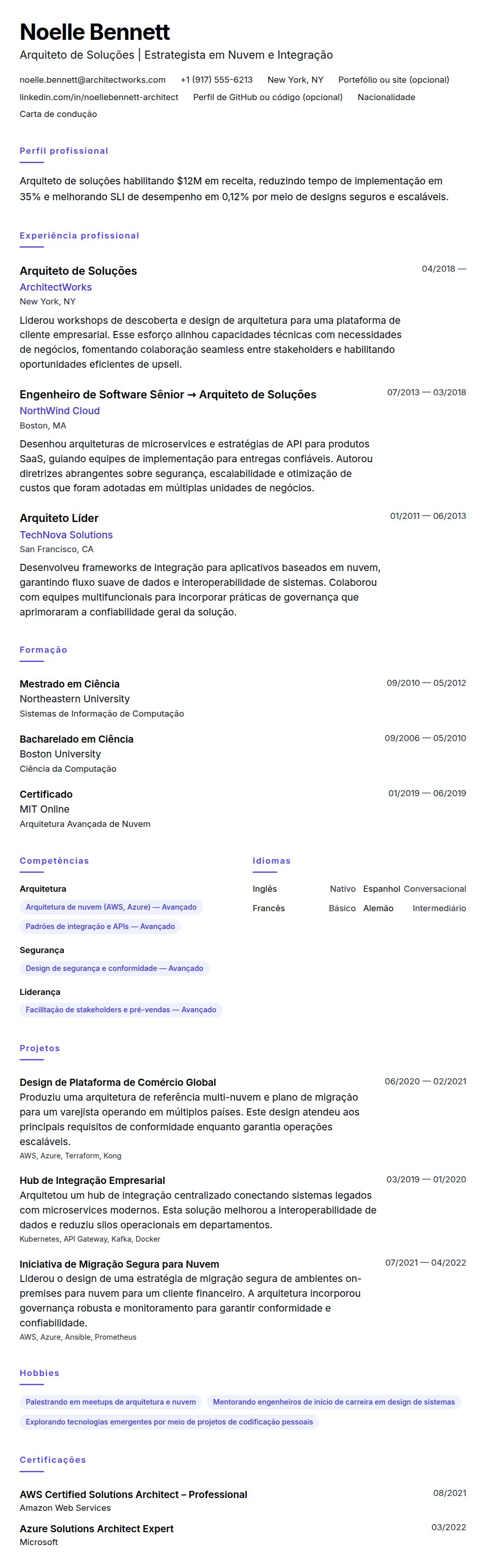 Pré-visualização do currículo Exemplo de Currículo de Arquiteto de Soluções