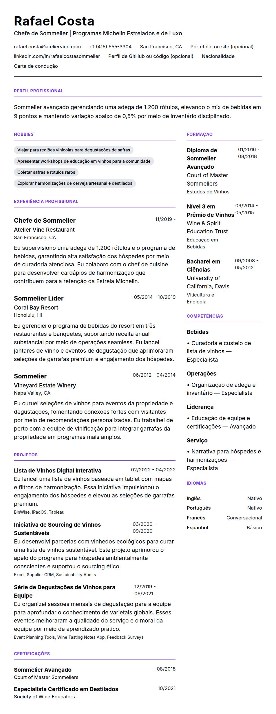 Exemplo de Currículo de Sommelier