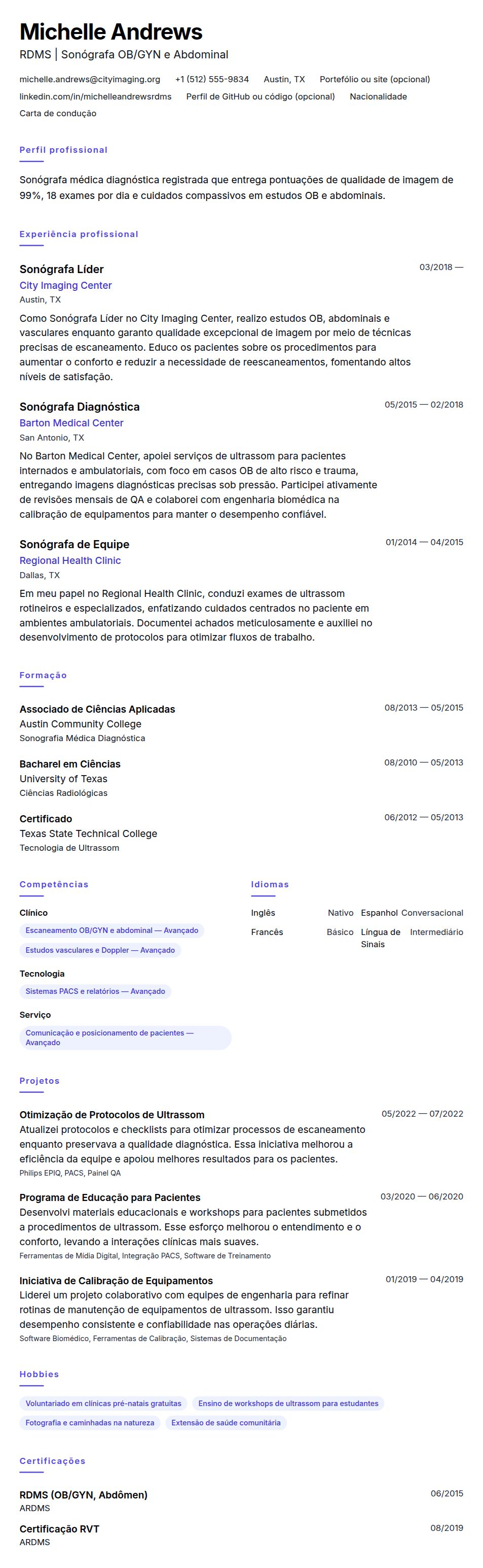 Pré-visualização do currículo Exemplo de Currículo de Sonógrafo