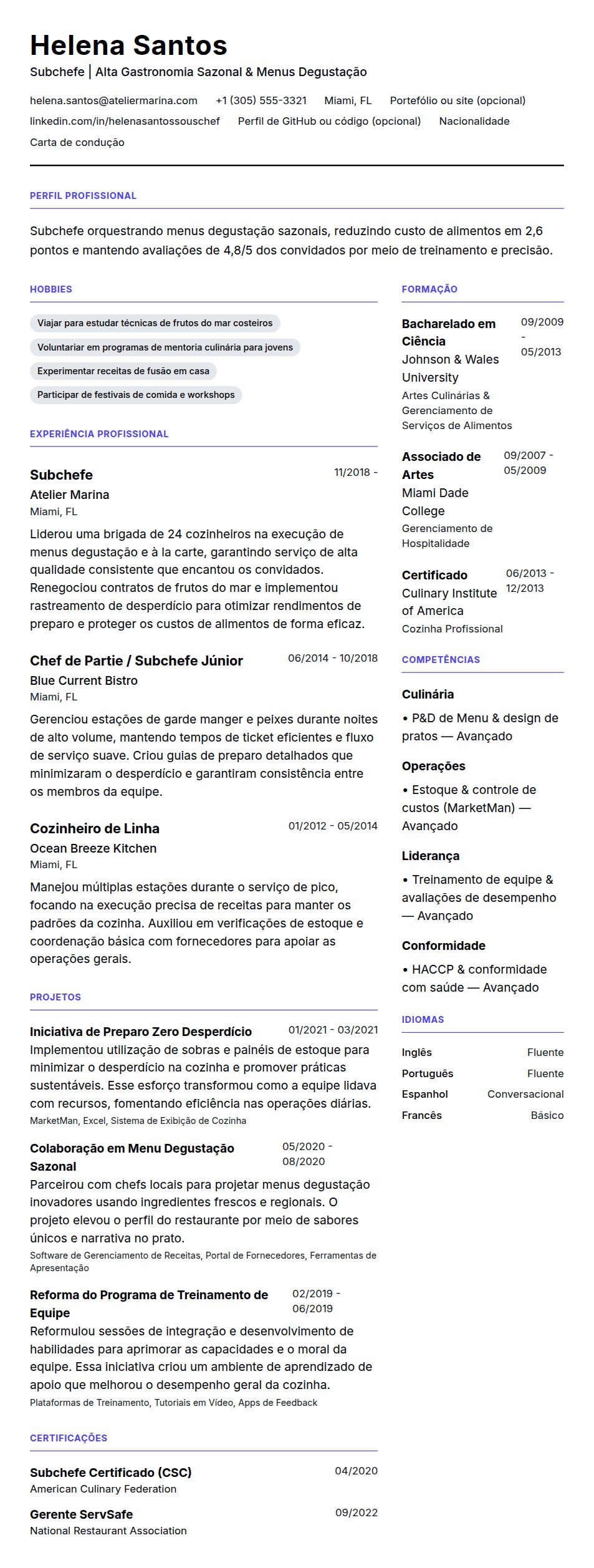 Pré-visualização do currículo Exemplo de Currículo de Subchefe