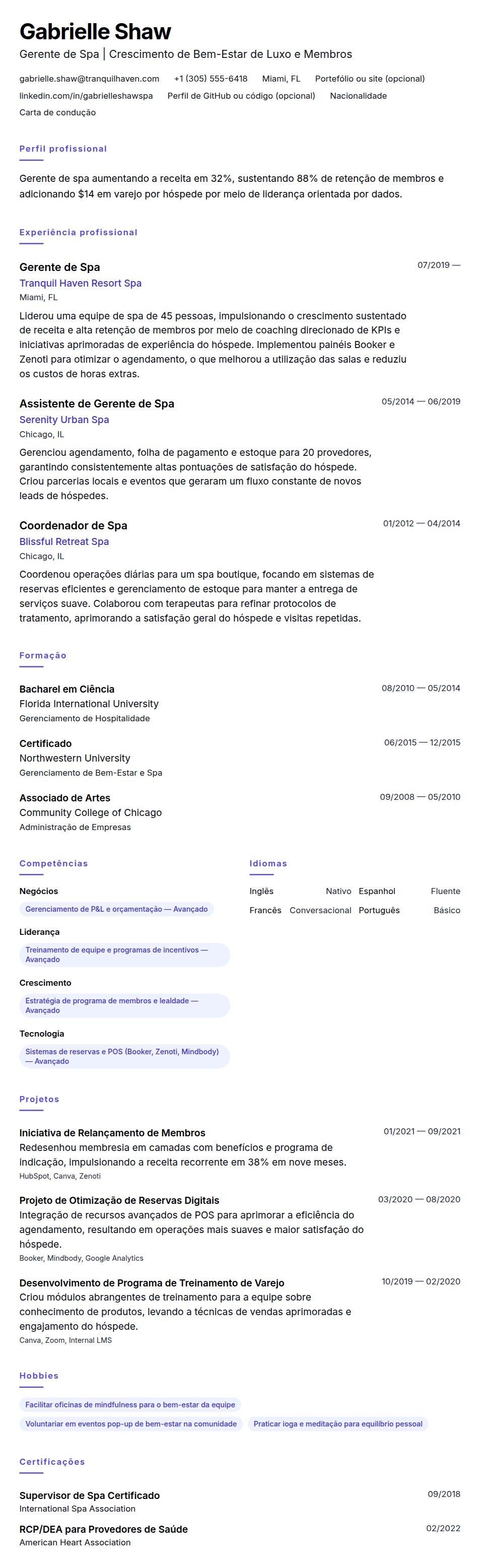 Pré-visualização do currículo Exemplo de Currículo de Gerente de Spa