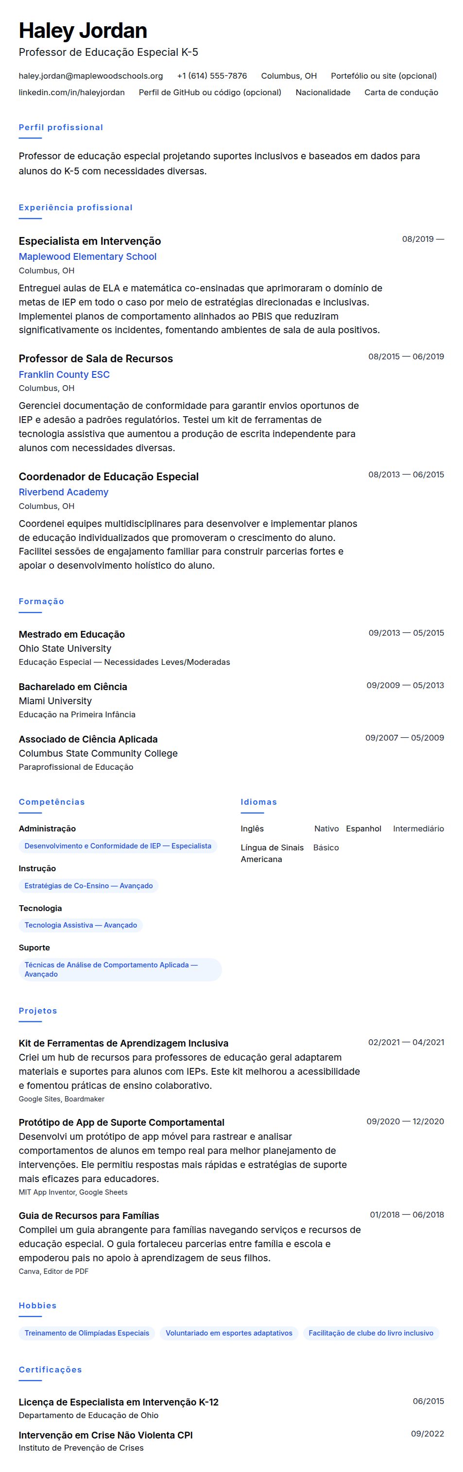Pré-visualização do currículo Exemplo de Currículo de Professor de Educação Especial