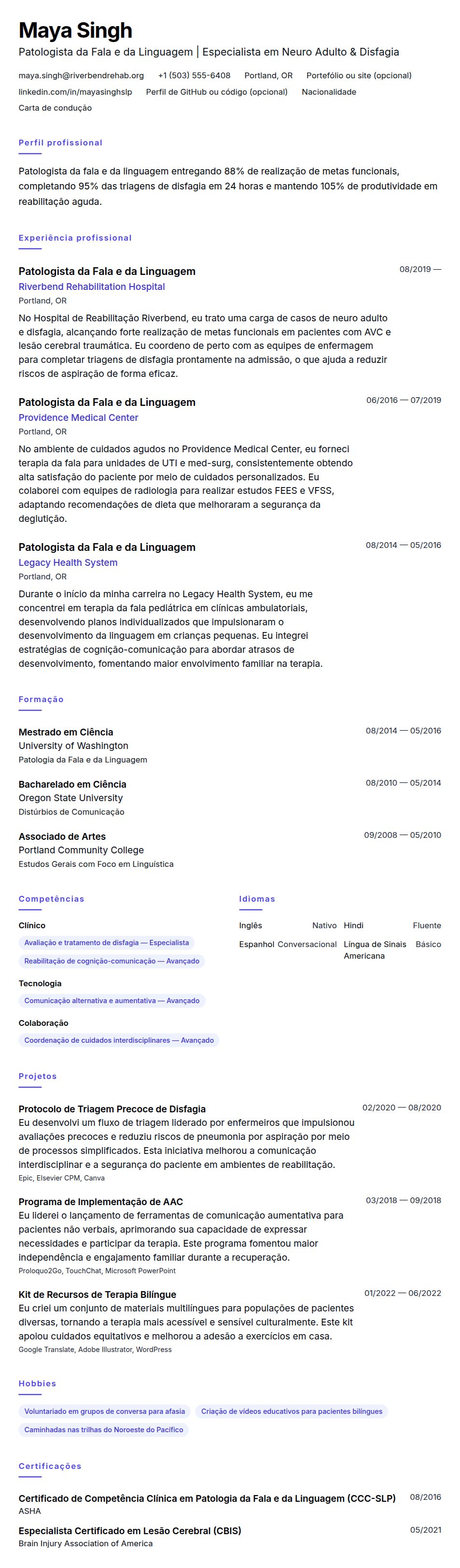 Pré-visualização do currículo Exemplo de Currículo de Patologista da Fala e da Linguagem (SLP)