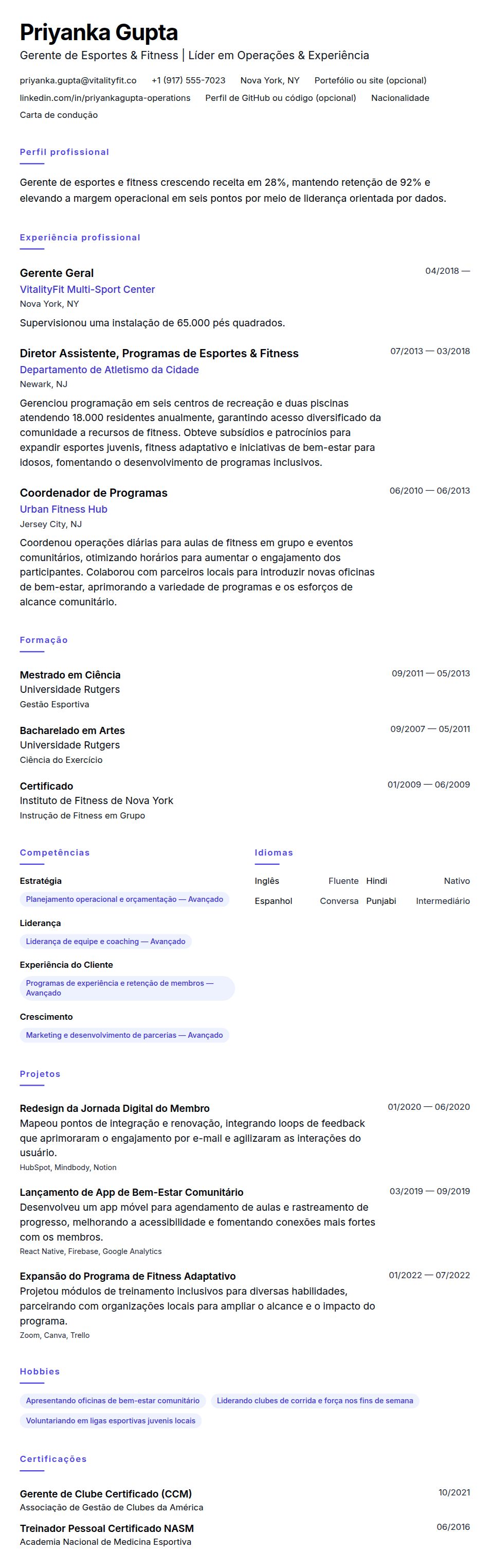 Pré-visualização do currículo Exemplo de Currículo de Gerente de Esportes e Fitness