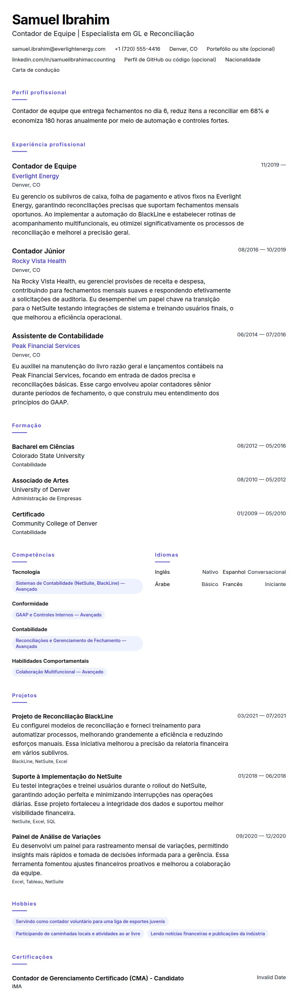 Pré-visualização do currículo Exemplo de Currículo de Contador de Equipe