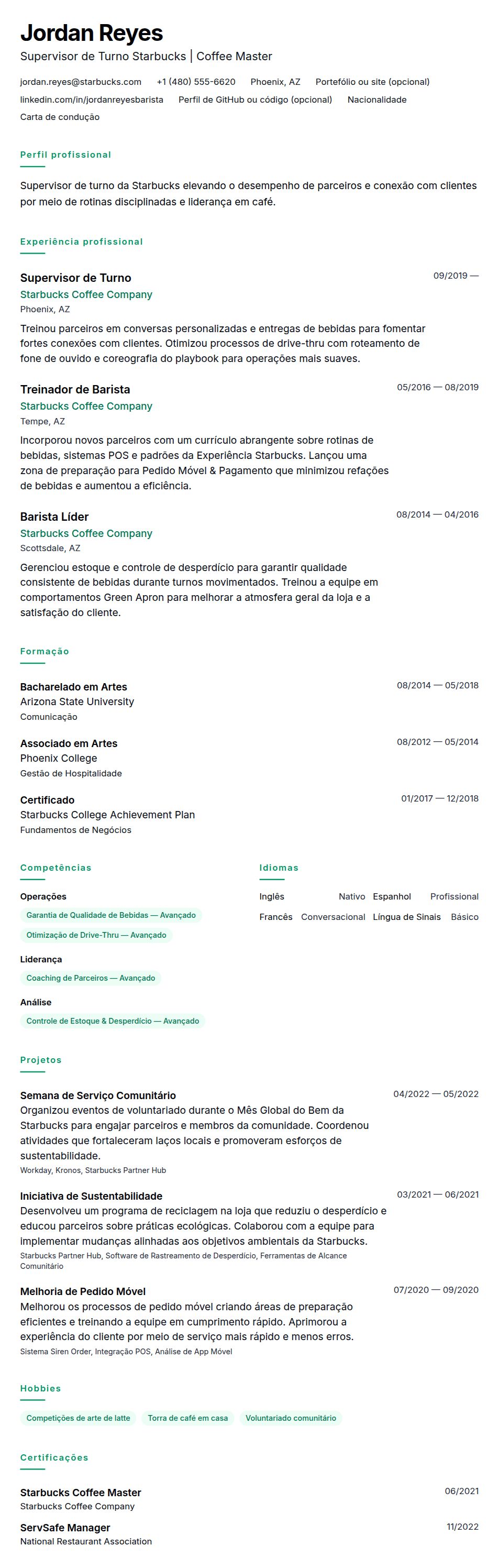 Pré-visualização do currículo Exemplo de Currículo de Supervisor de Turno Starbucks