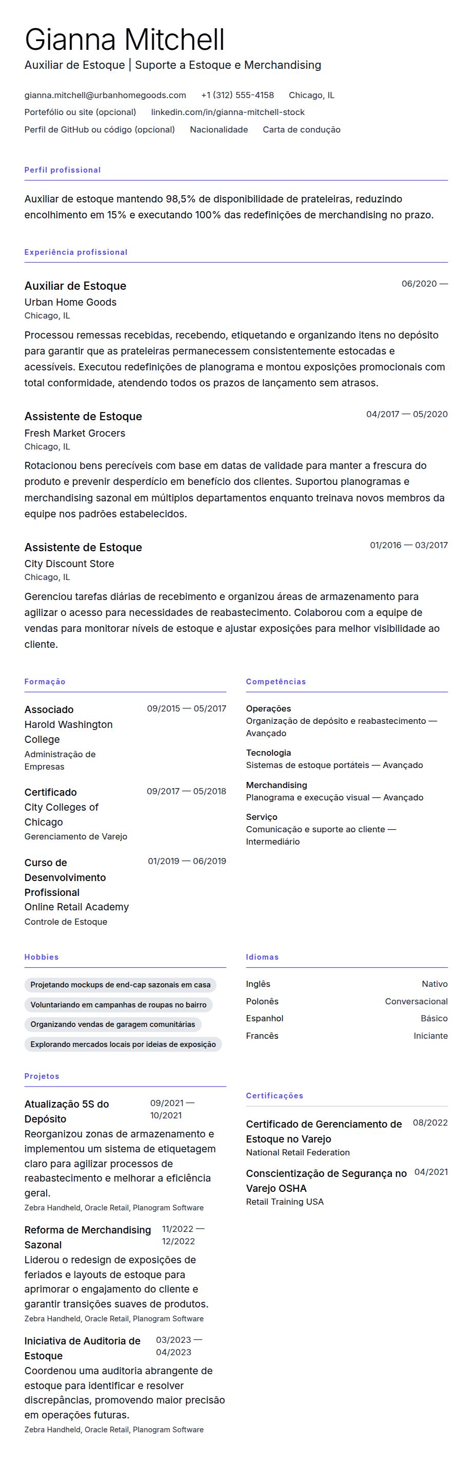 Pré-visualização do currículo Exemplo de Currículo para Auxiliar de Estoque