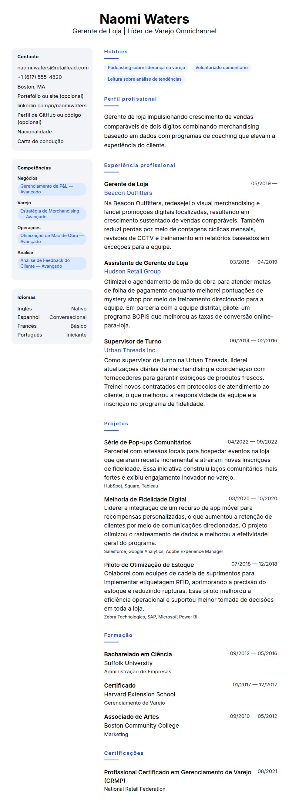 Exemplo de Currículo para Gerente de Loja