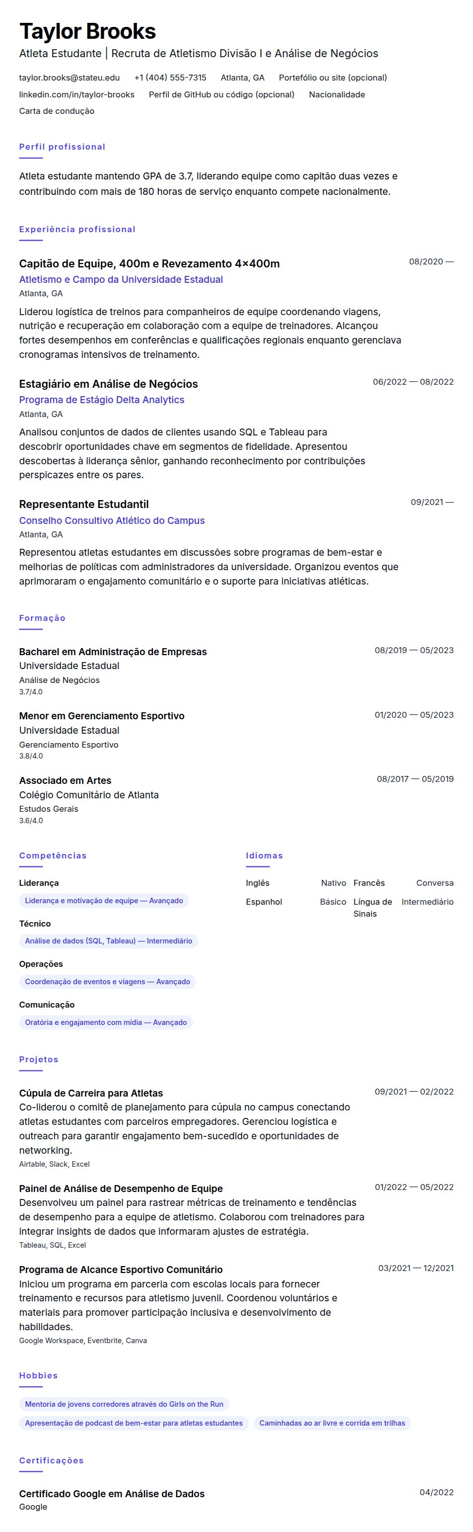 Pré-visualização do currículo Exemplo de Currículo para Atleta Estudante