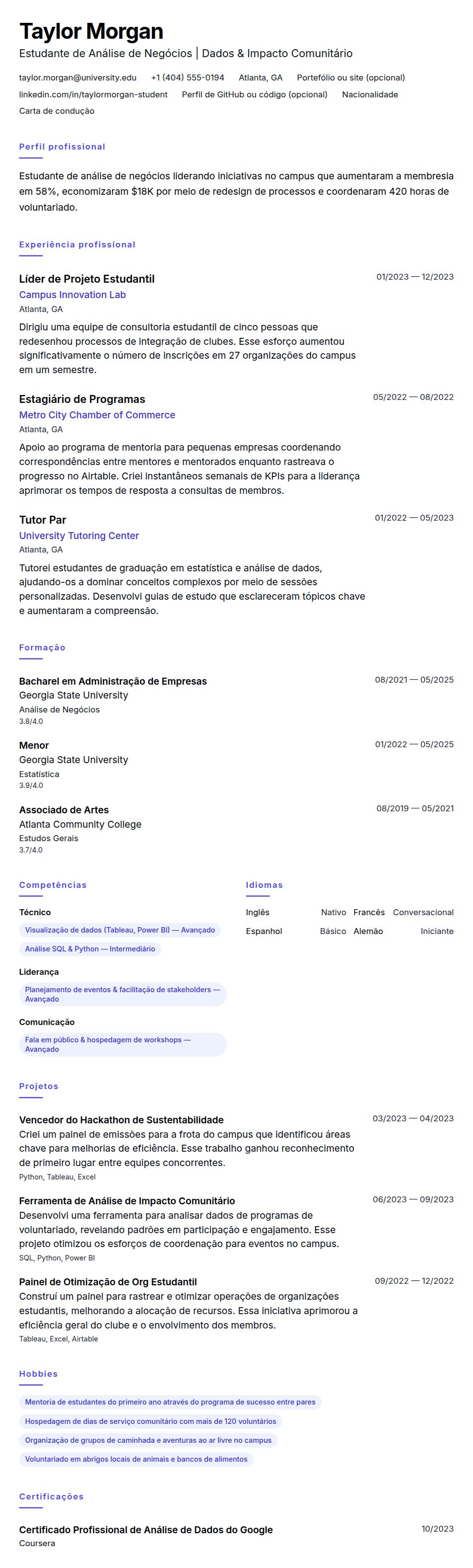 Pré-visualização do currículo Exemplo de Currículo de Estudante