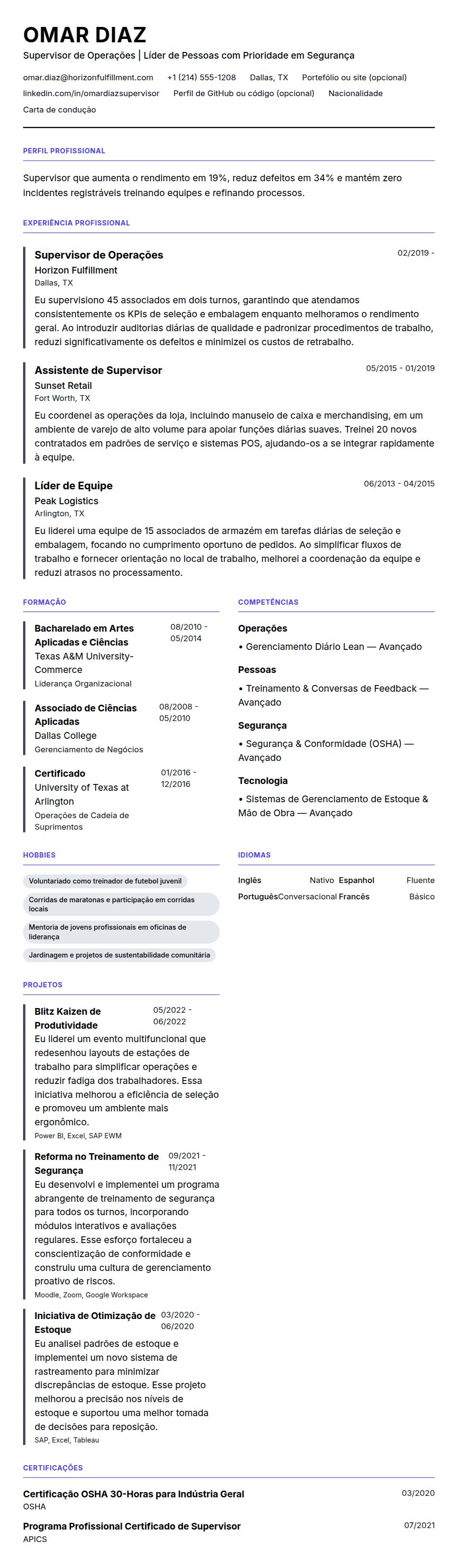 Pré-visualização do currículo Exemplo de Currículo de Supervisor