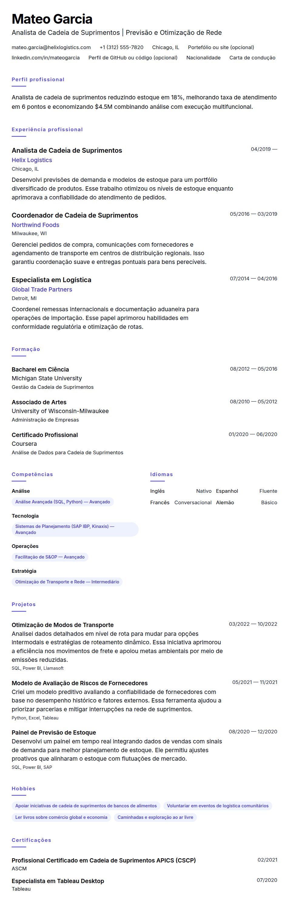 Pré-visualização do currículo Exemplo de Currículo para Analista de Cadeia de Suprimentos