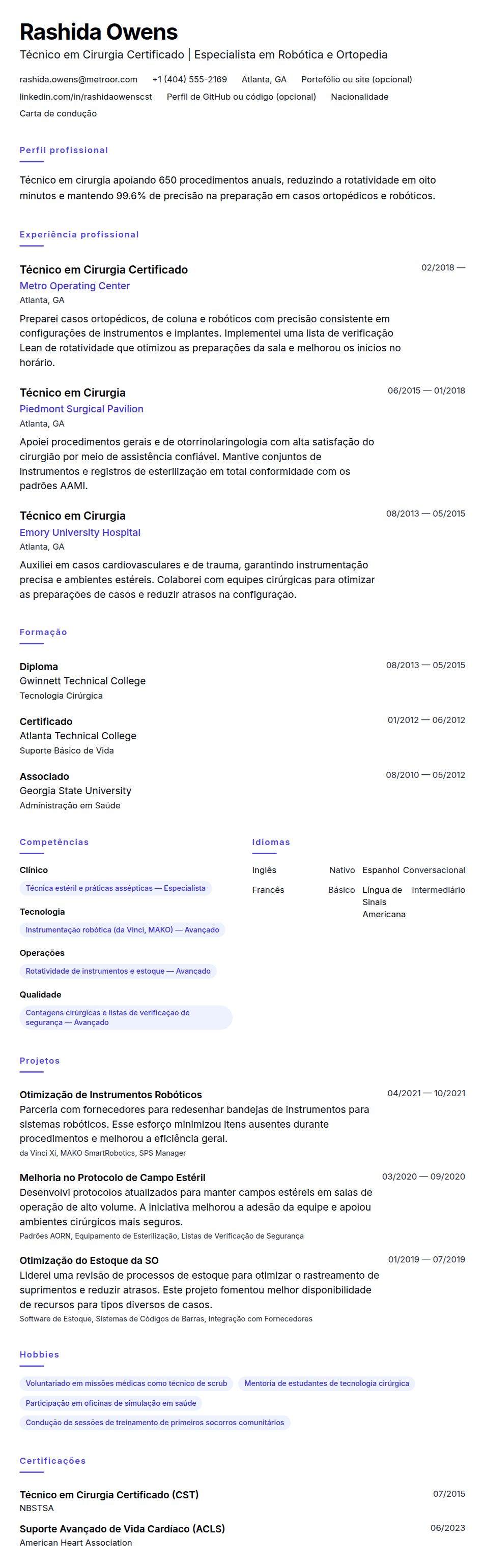 Pré-visualização do currículo Exemplo de Currículo de Técnico em Cirurgia