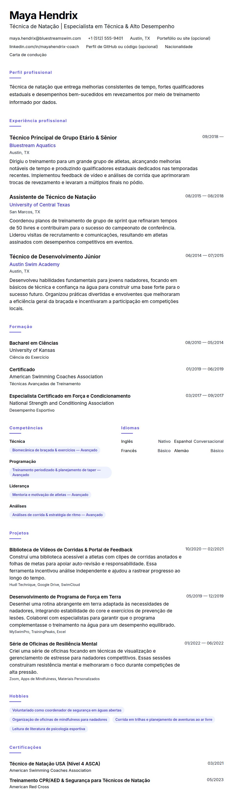 Pré-visualização do currículo Exemplo de Currículo de Técnico de Natação