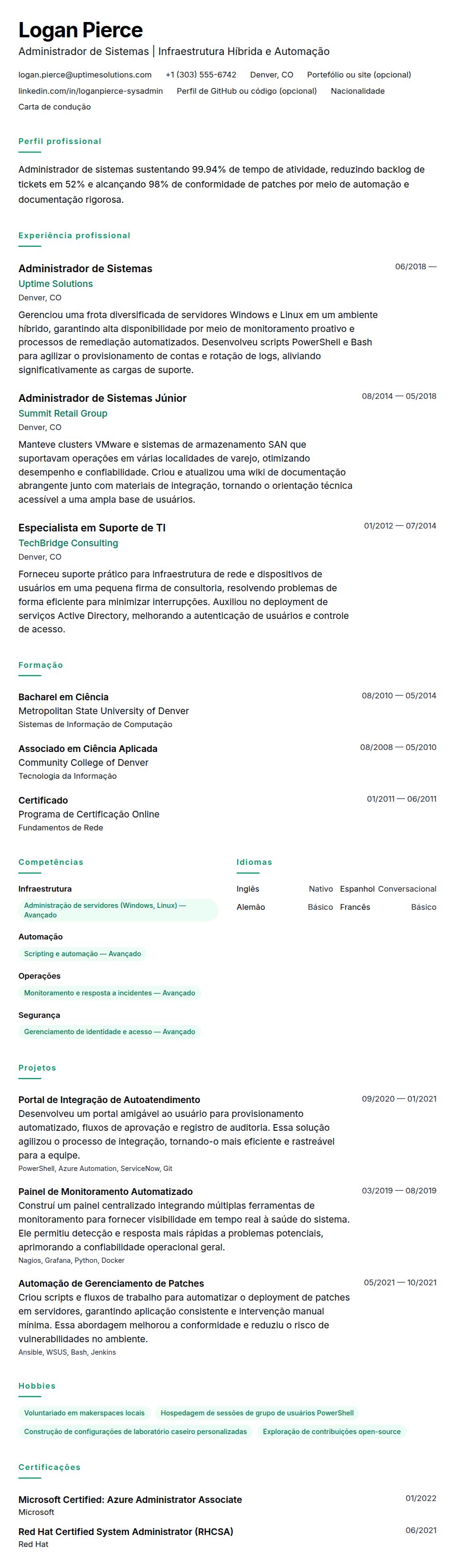 Pré-visualização do currículo Exemplo de Currículo de Administrador de Sistemas
