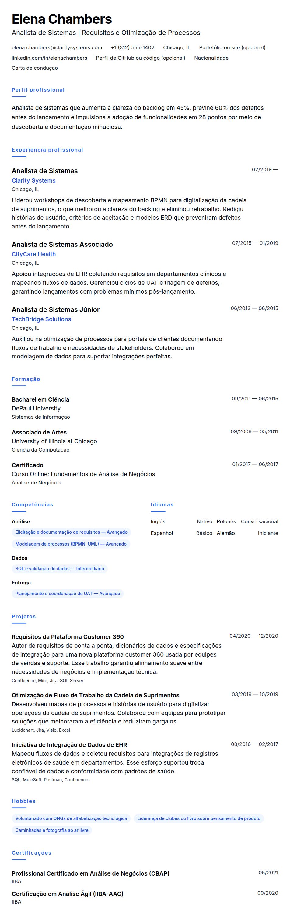 Pré-visualização do currículo Exemplo de Currículo de Analista de Sistemas