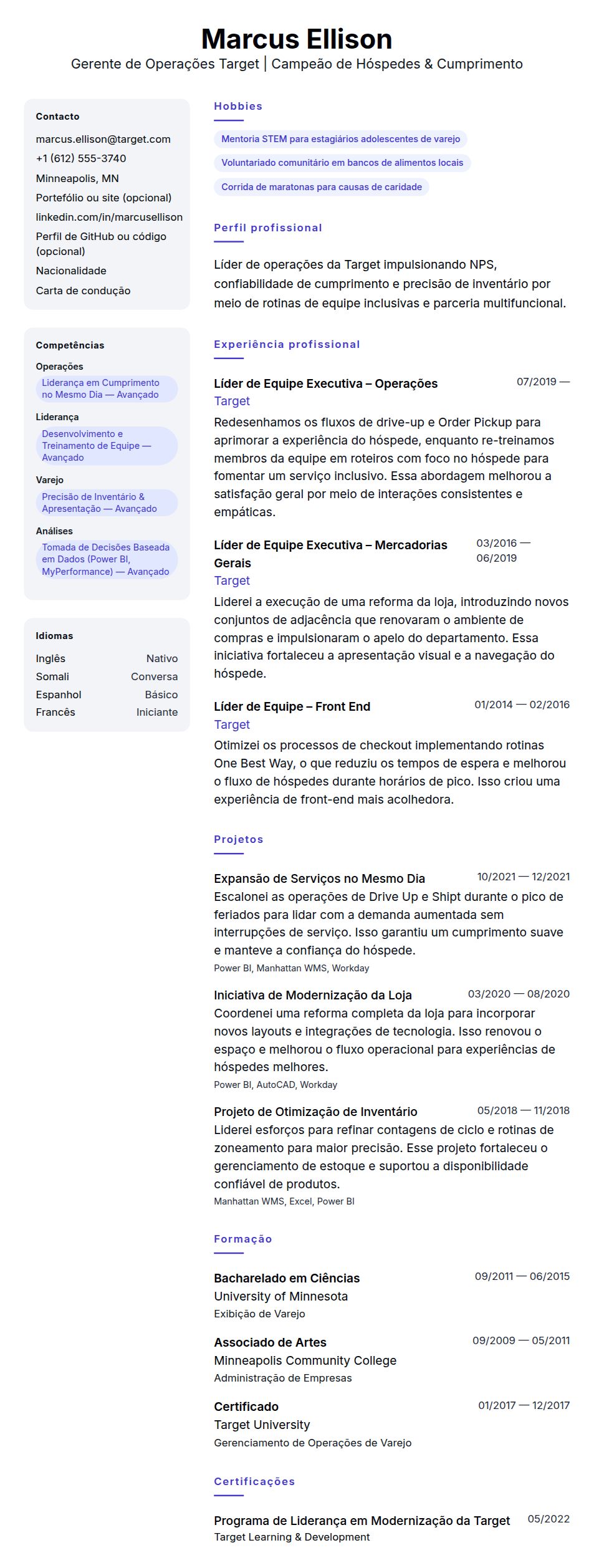 Pré-visualização do currículo Exemplo de Currículo de Gerente de Operações Target