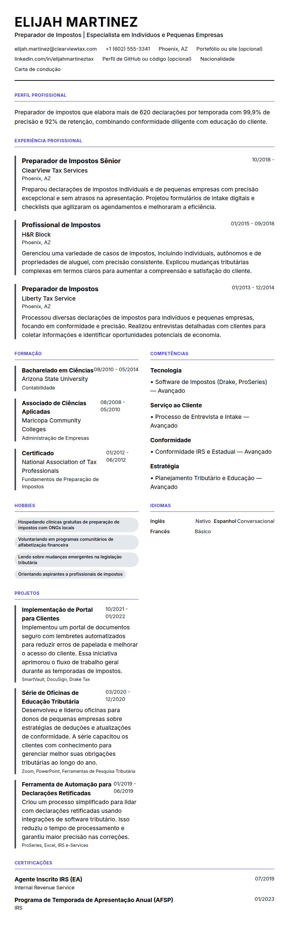 Pré-visualização do currículo Exemplo de Currículo para Preparador de Impostos