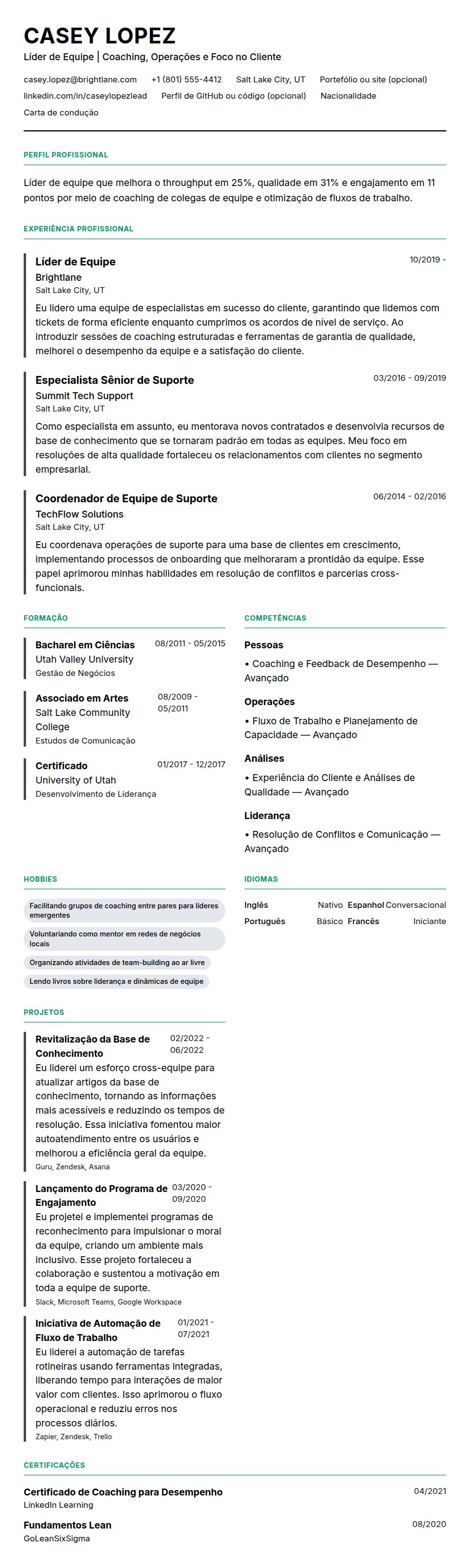 Pré-visualização do currículo Exemplo de Currículo de Líder de Equipe
