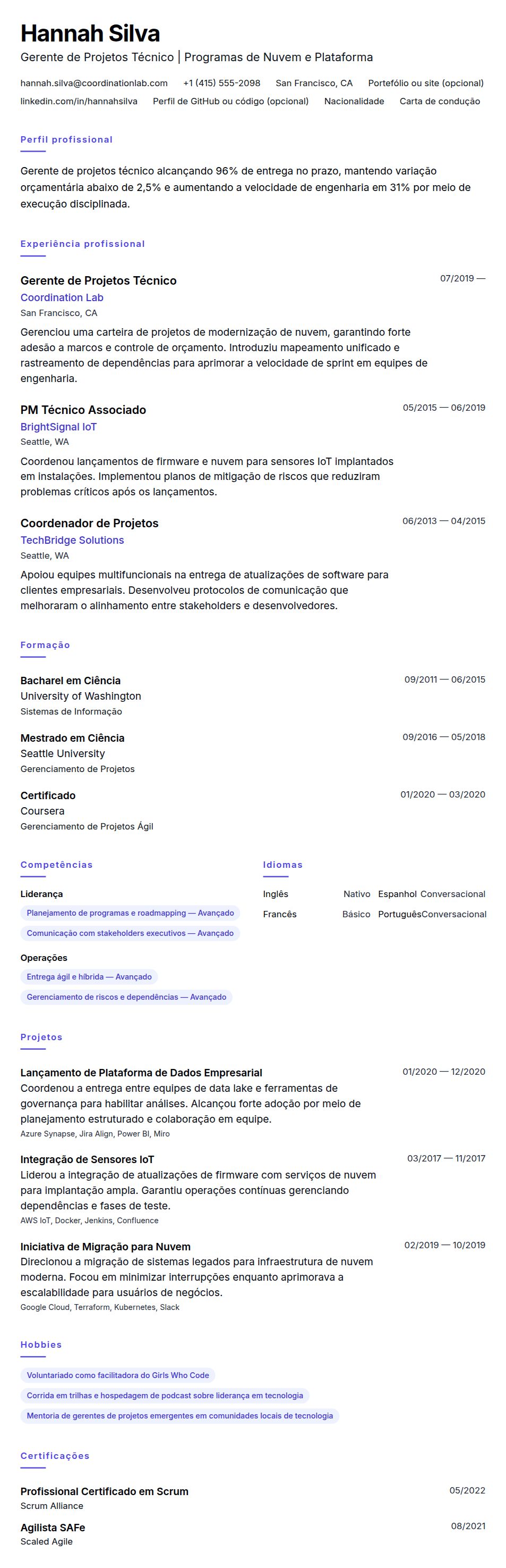 Pré-visualização do currículo Exemplo de Currículo de Gerente de Projetos Técnico