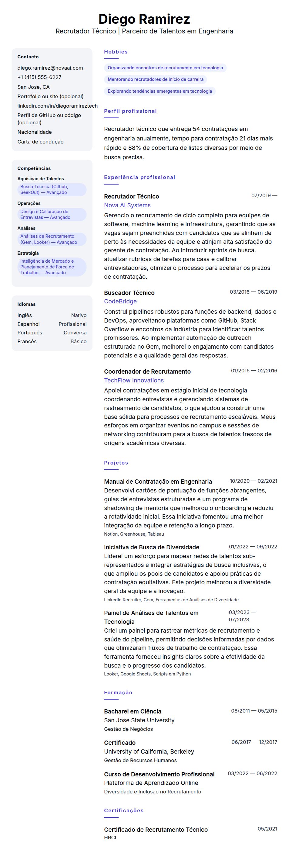 Pré-visualização do currículo Exemplo de Currículo de Recrutador Técnico