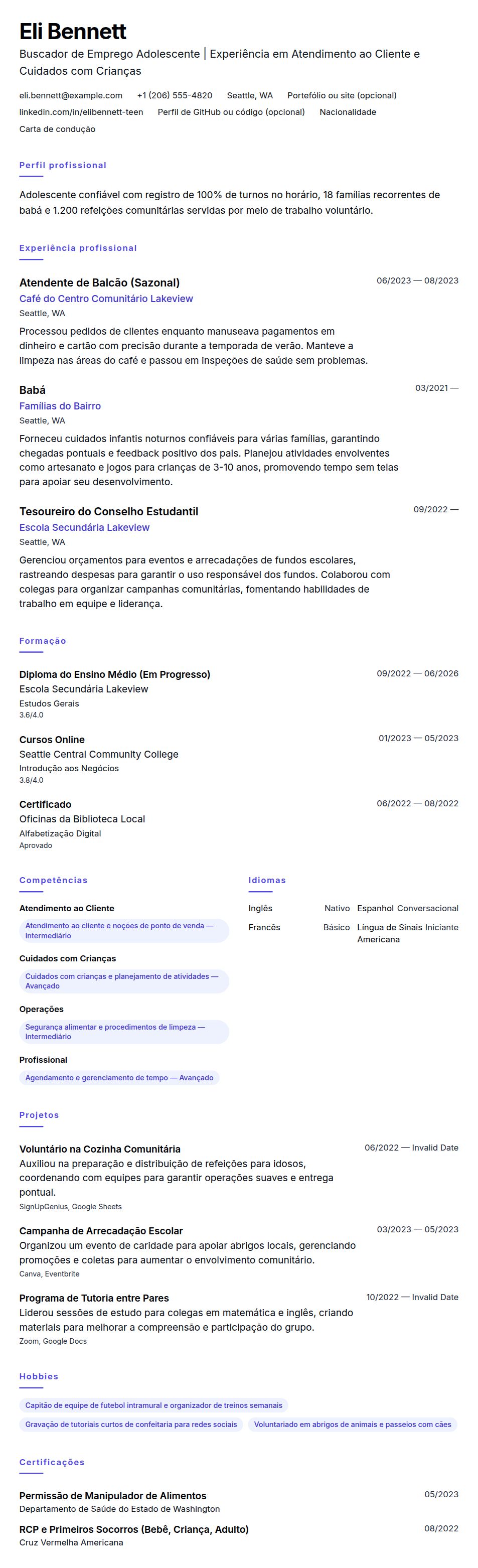 Pré-visualização do currículo Exemplo de Currículo para Buscador de Emprego Adolescente
