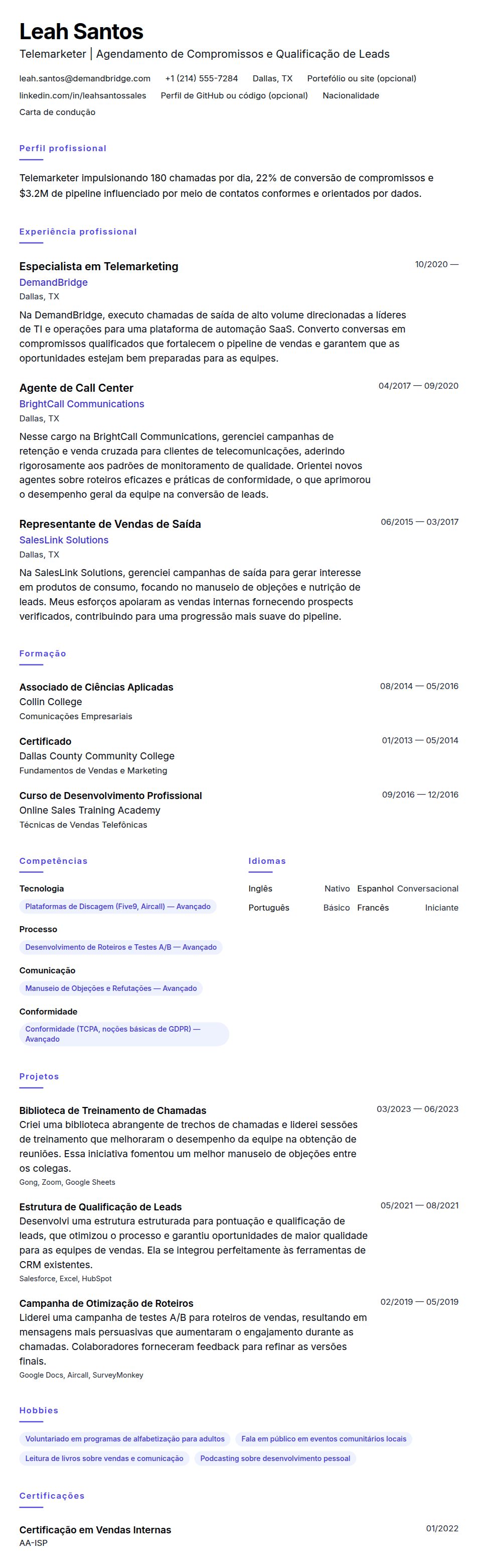 Exemplo de Currículo de Telemarketing