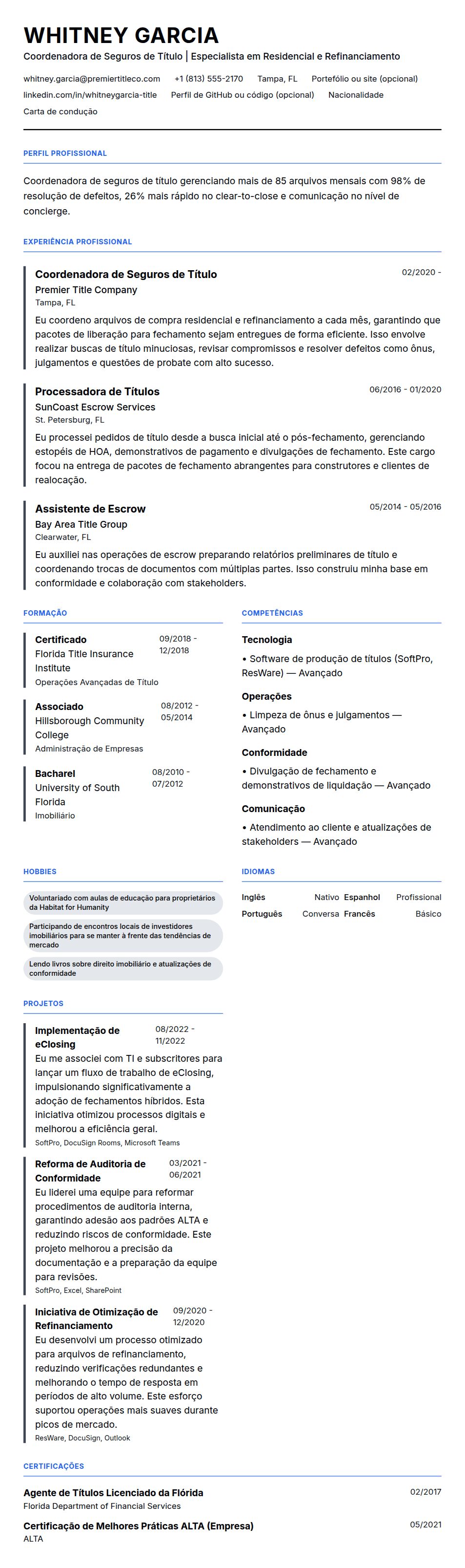 Pré-visualização do currículo Exemplo de Currículo de Coordenador de Seguros de Título