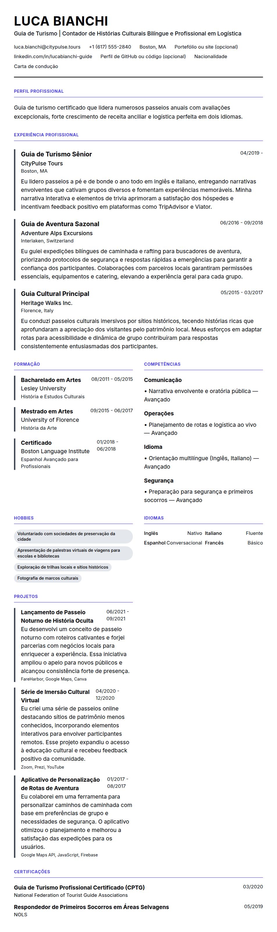Pré-visualização do currículo Exemplo de Currículo de Guia de Turismo