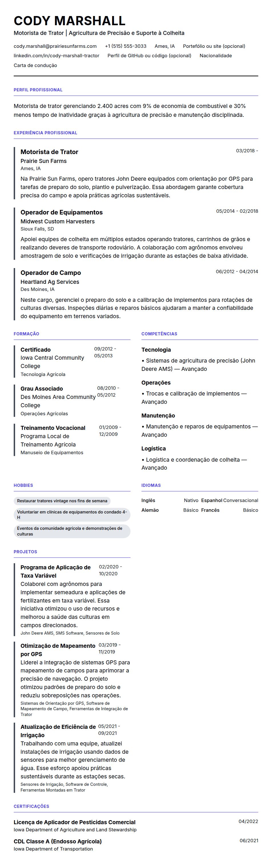Pré-visualização do currículo Exemplo de Currículo para Motorista de Trator
