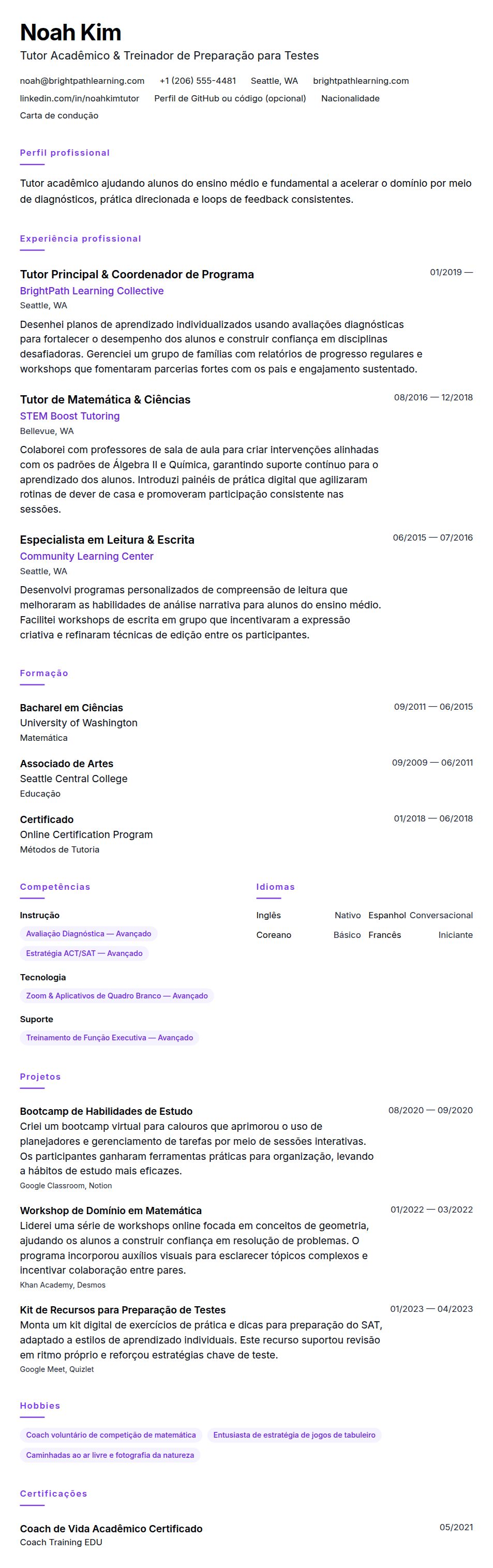 Pré-visualização do currículo Exemplo de Currículo de Tutor