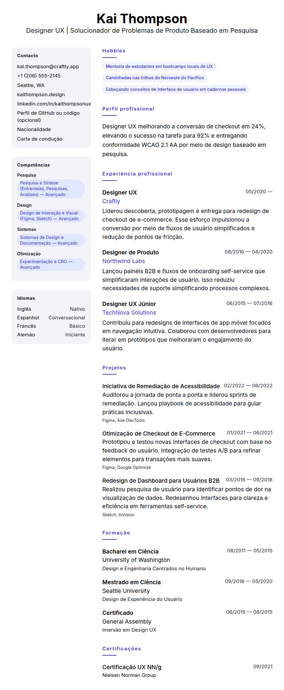 Pré-visualização do currículo Exemplo de Currículo de Designer UX