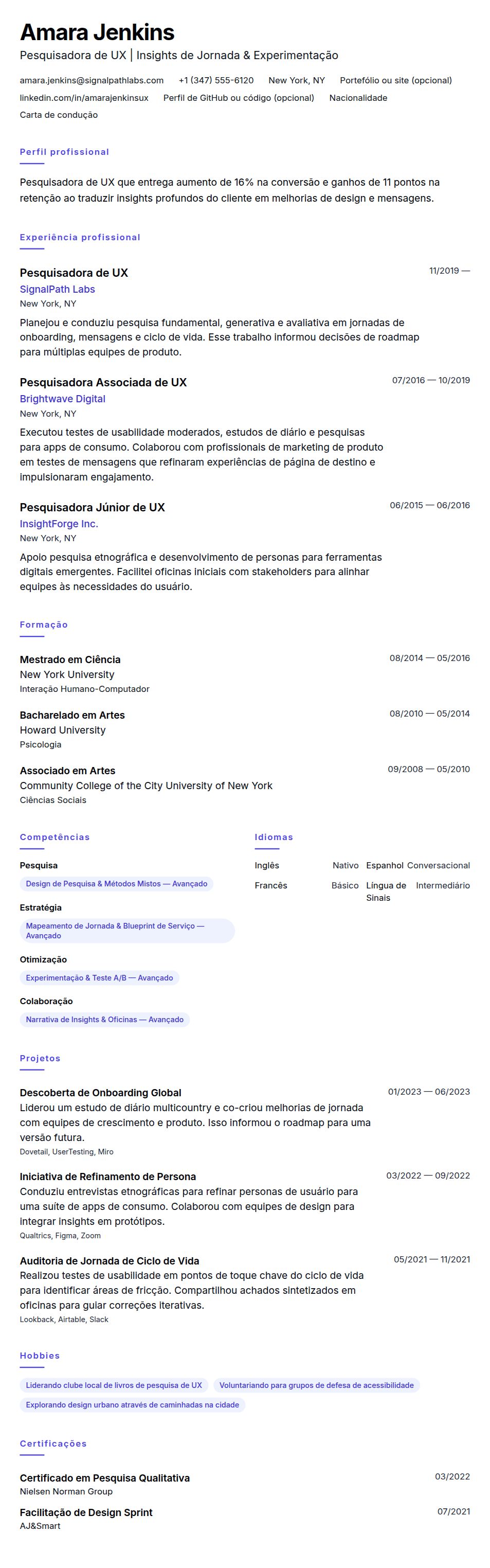 Pré-visualização do currículo Exemplo de Currículo de Pesquisador de UX
