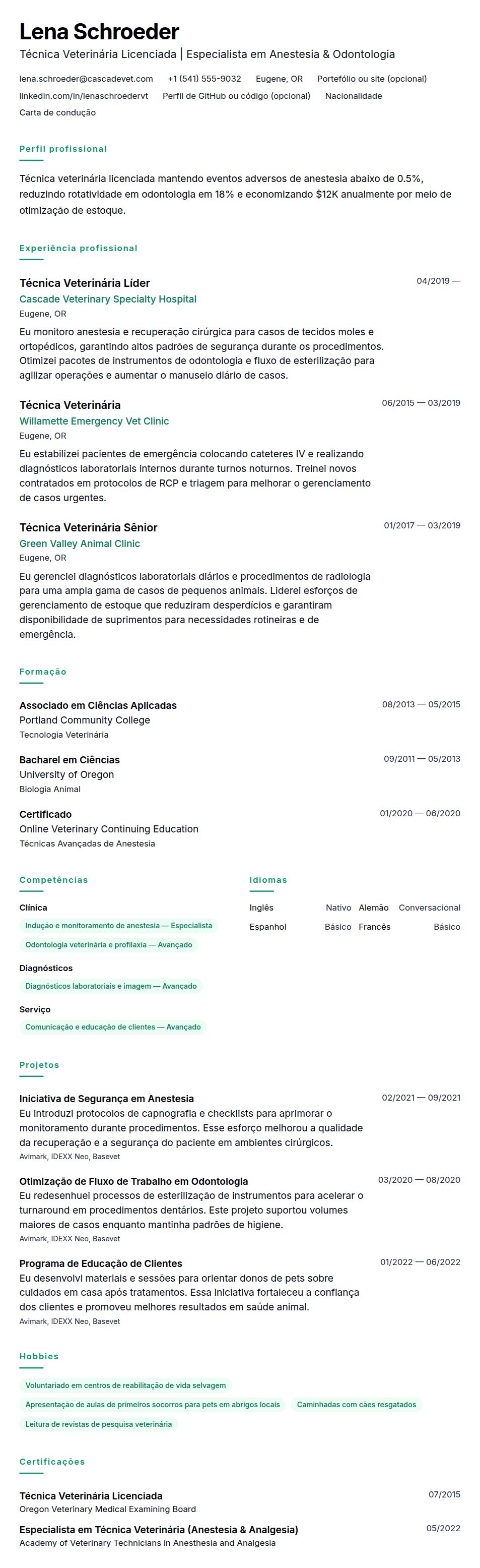 Pré-visualização do currículo Exemplo de Currículo de Técnico Veterinário