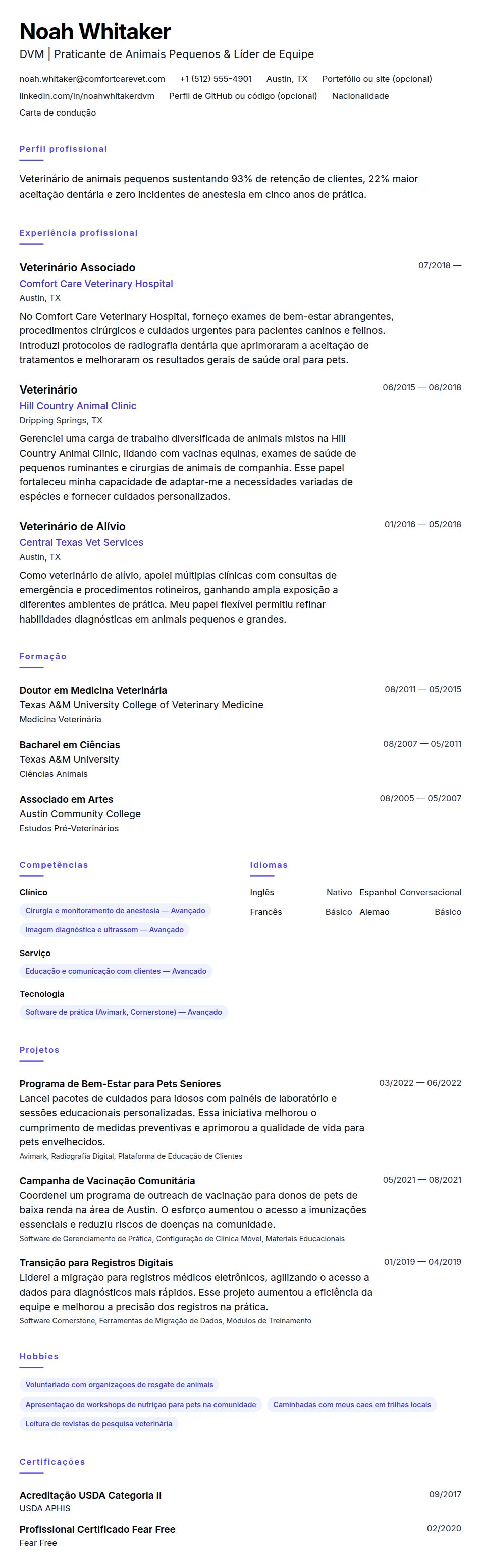 Pré-visualização do currículo Exemplo de Currículo de Veterinário