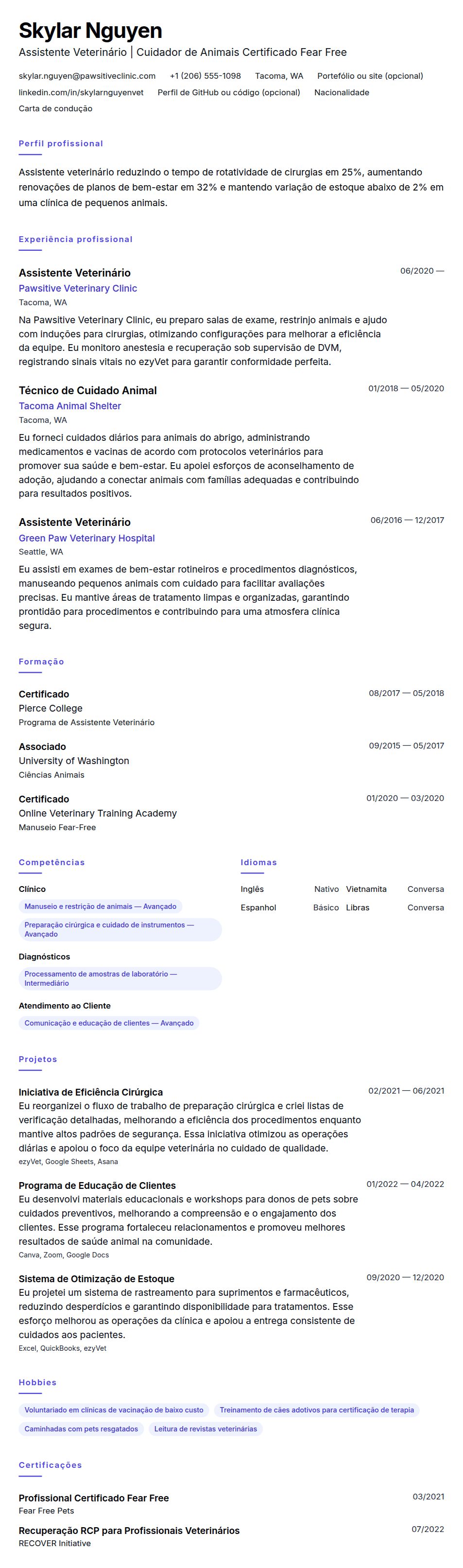 Pré-visualização do currículo Exemplo de Currículo de Assistente Veterinário