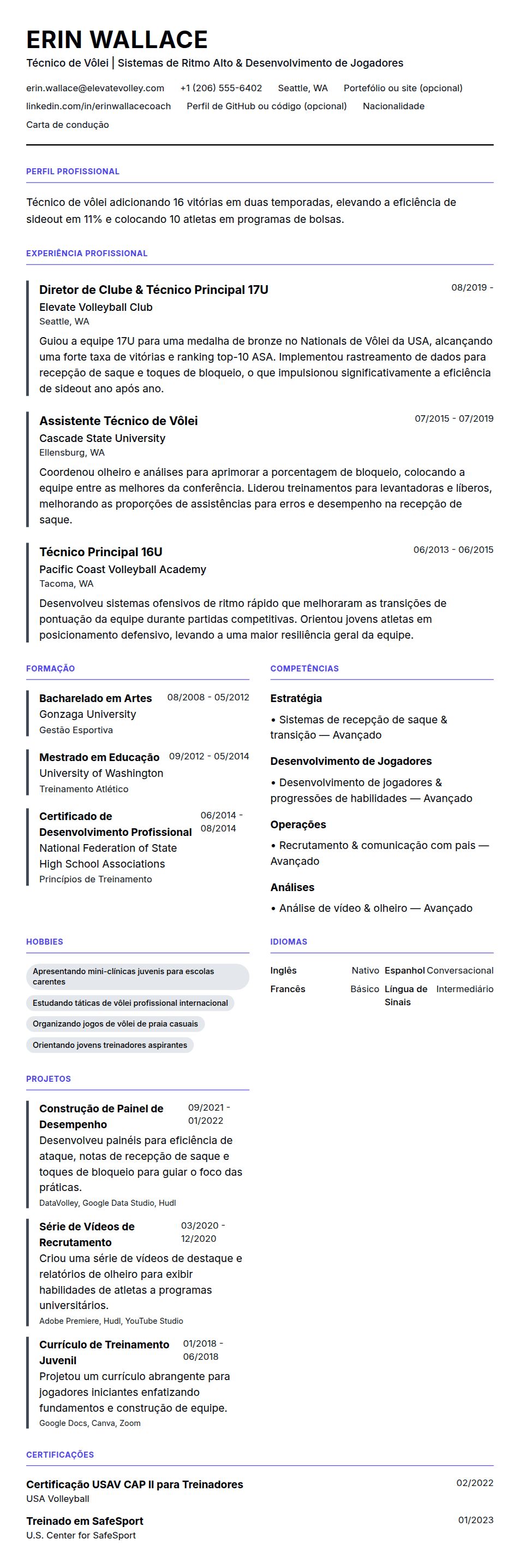 Pré-visualização do currículo Exemplo de Currículo para Técnico de Vôlei