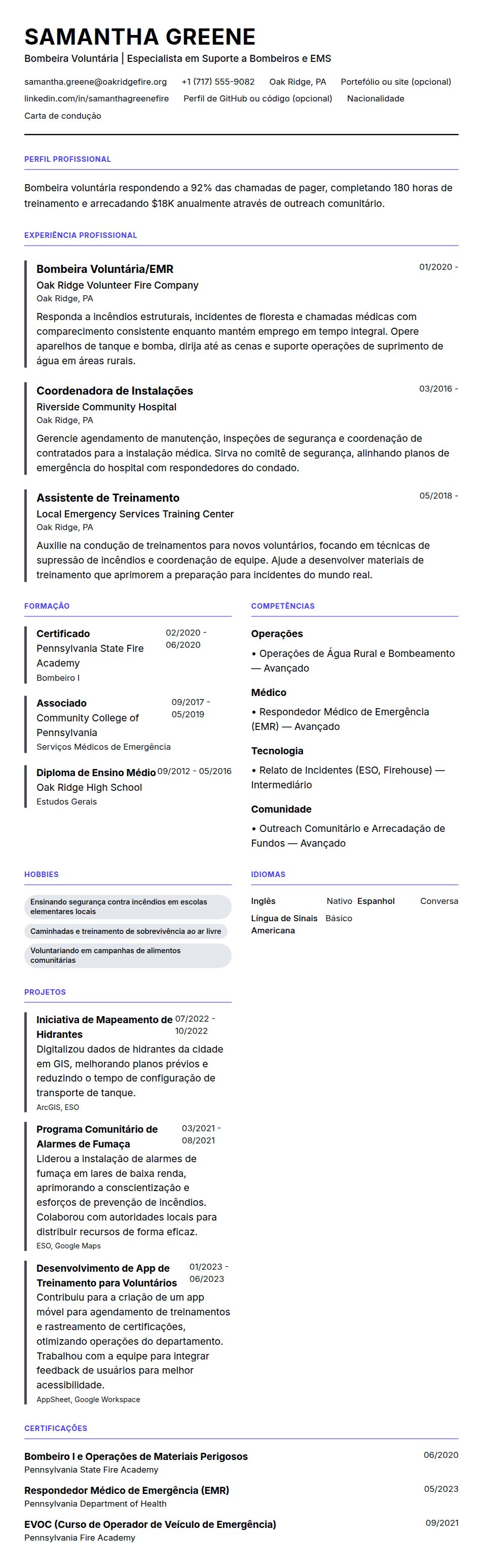 Exemplo de Currículo de Bombeiro Voluntário