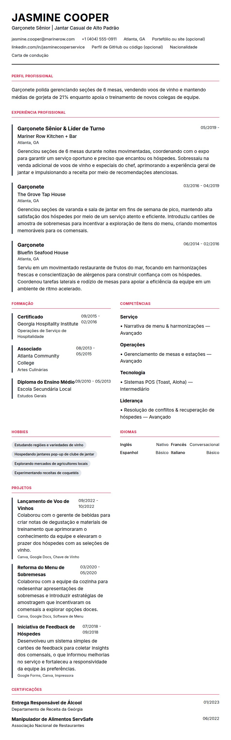 Pré-visualização do currículo Exemplo de Currículo para Garçonete