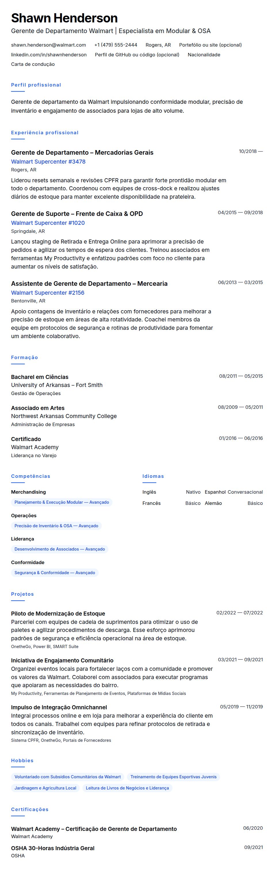 Pré-visualização do currículo Exemplo de Currículo para Gerente de Departamento Walmart