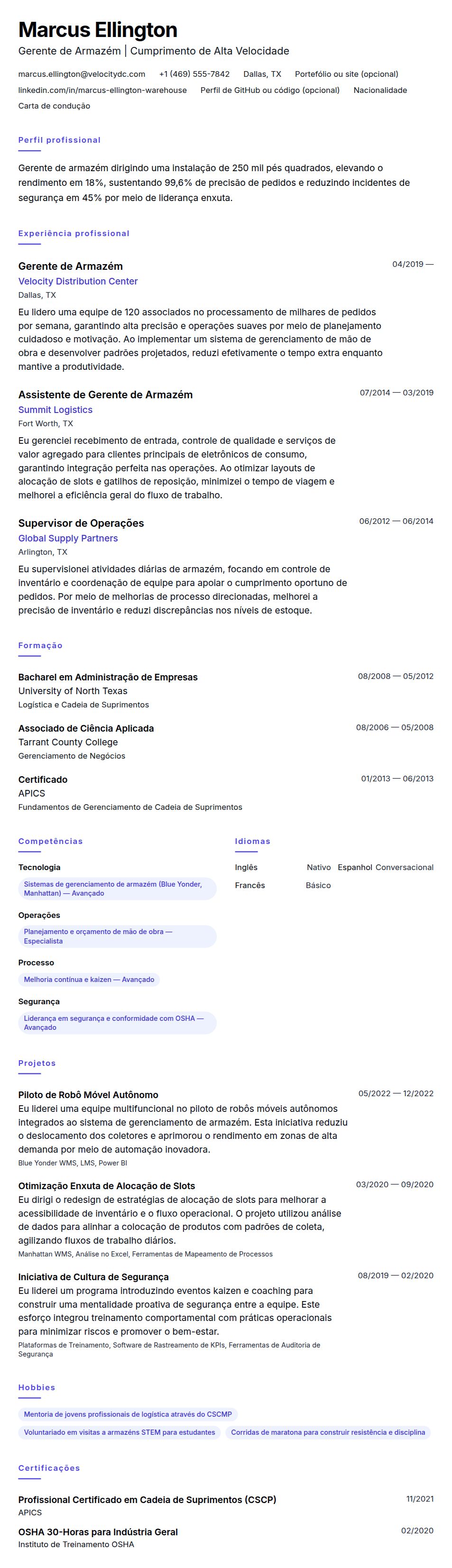 Pré-visualização do currículo Exemplo de Currículo para Gerente de Armazém