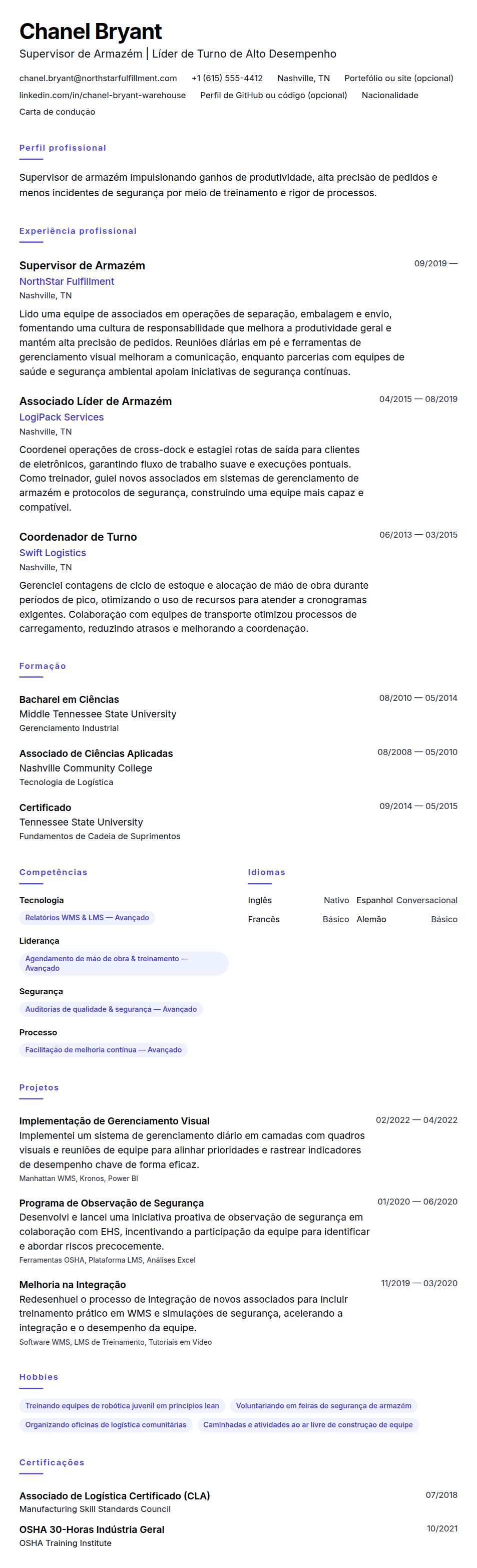 Pré-visualização do currículo Exemplo de Currículo de Supervisor de Armazém