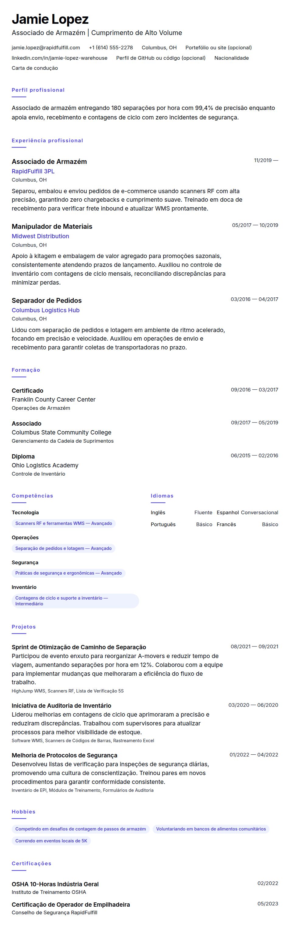 Exemplo de Currículo de Trabalhador de Armazém