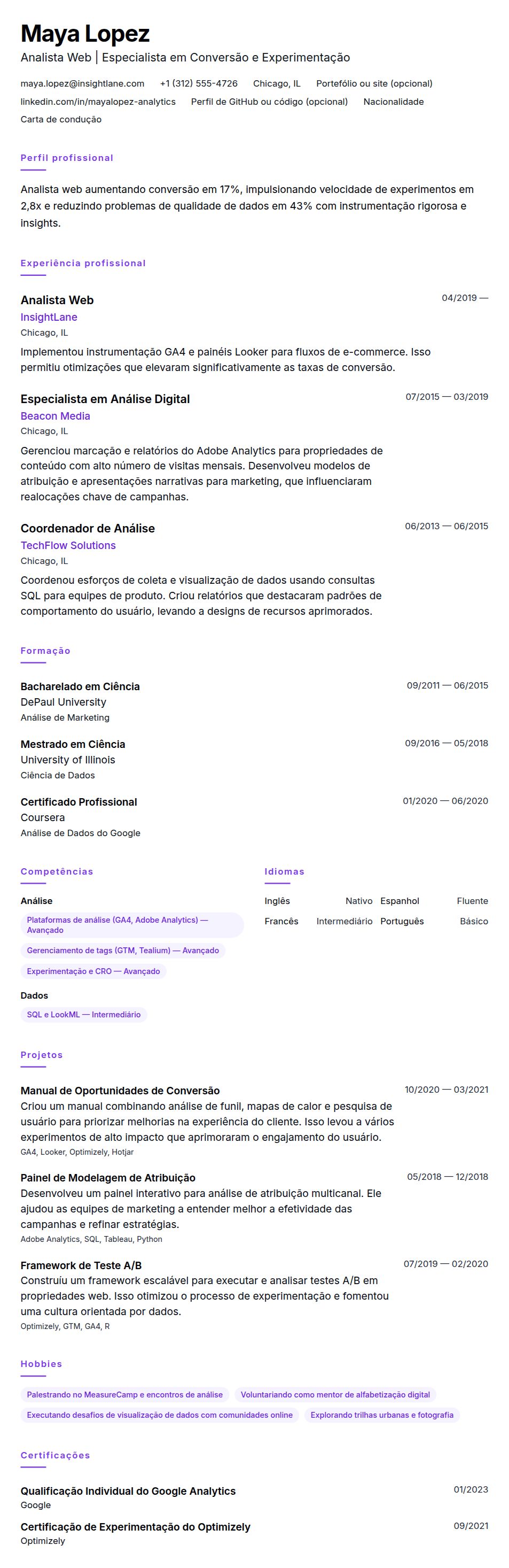 Pré-visualização do currículo Exemplo de Currículo de Analista Web