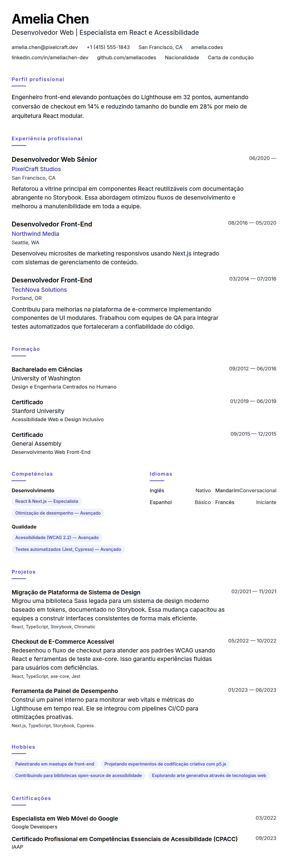 Pré-visualização do currículo Exemplo de Currículo para Desenvolvedor Web