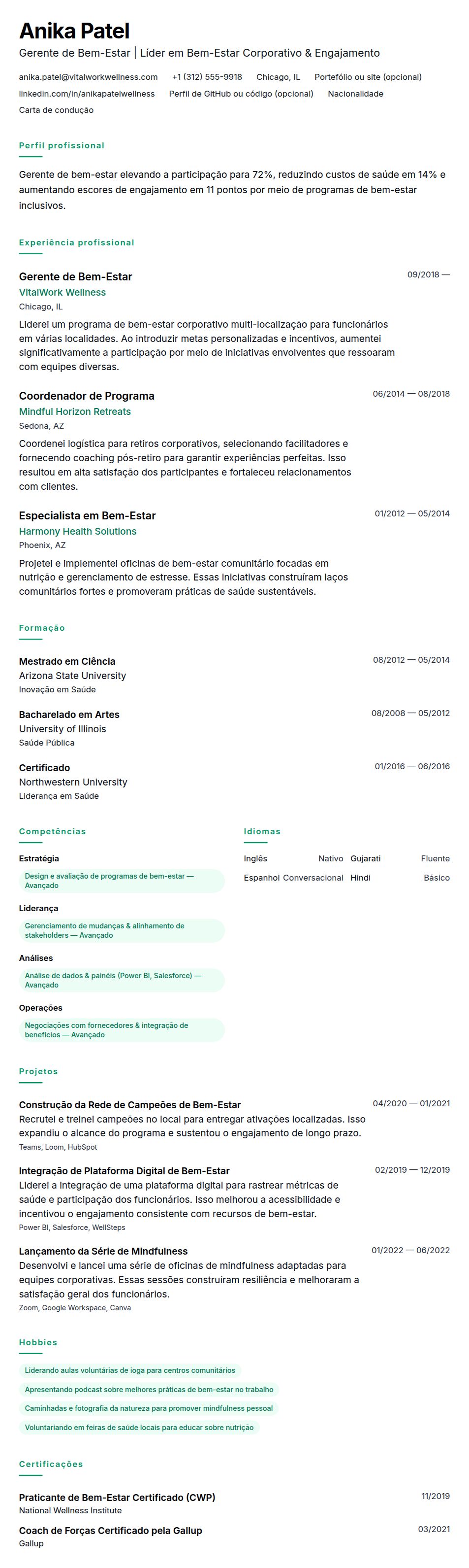 Pré-visualização do currículo Exemplo de Currículo de Gerente de Bem-Estar