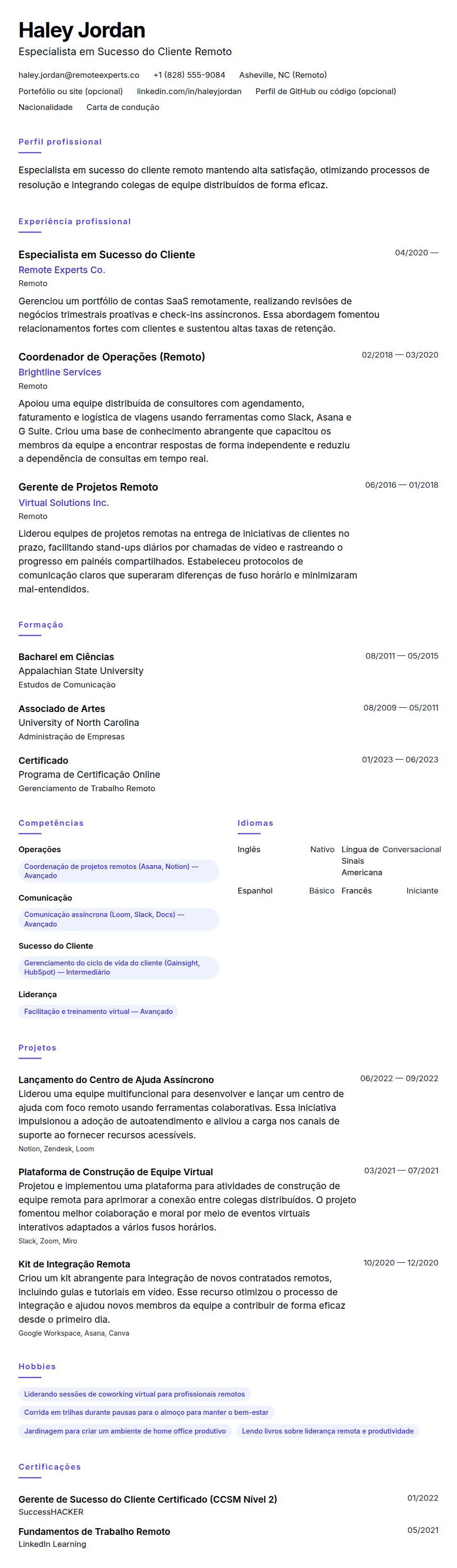 Pré-visualização do currículo Exemplo de Currículo para Profissional de Trabalho Remoto