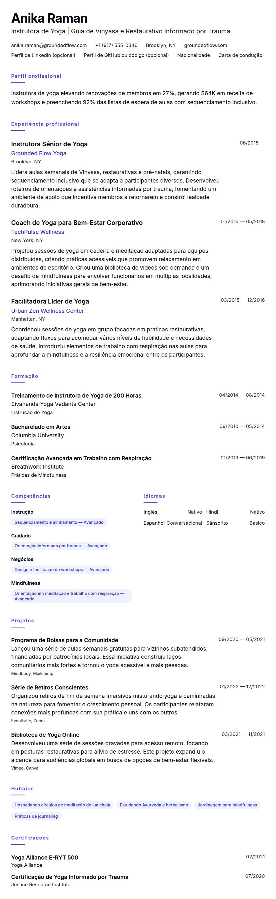 Pré-visualização do currículo Exemplo de Currículo para Instrutor de Yoga