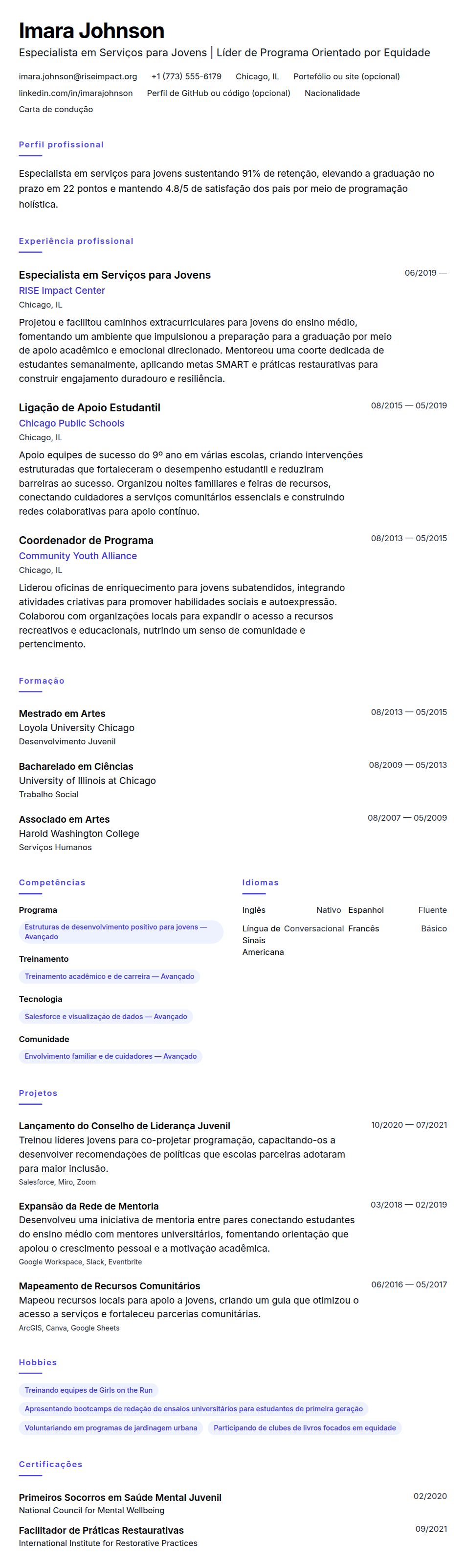 Pré-visualização do currículo Exemplo de Currículo para Especialista em Serviços para Jovens