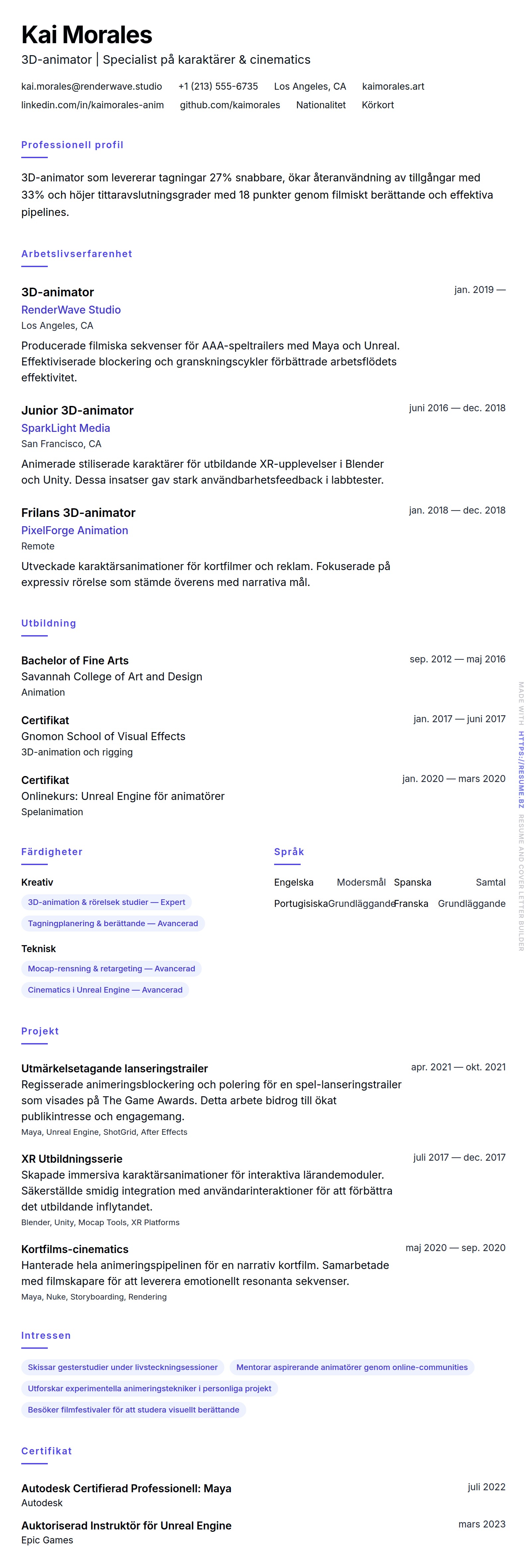 CV-förhandsgranskning för Exempel på CV för 3D-animator